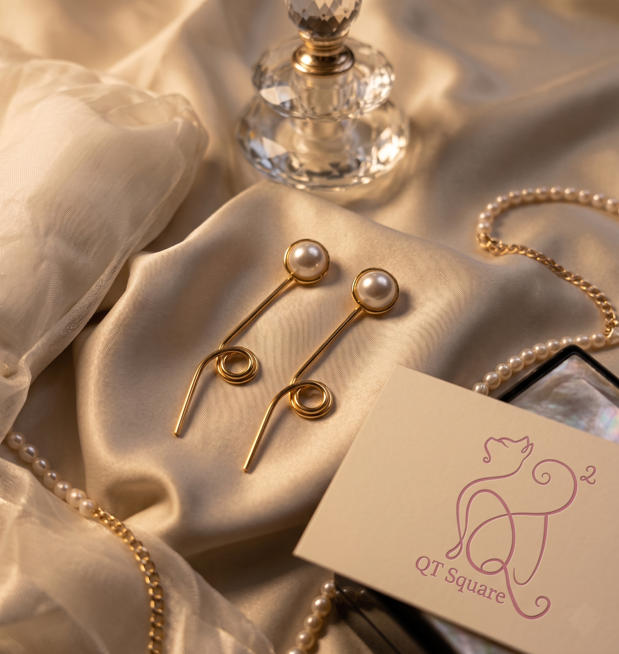 Gold pearl drop earrings styled on champagne silk